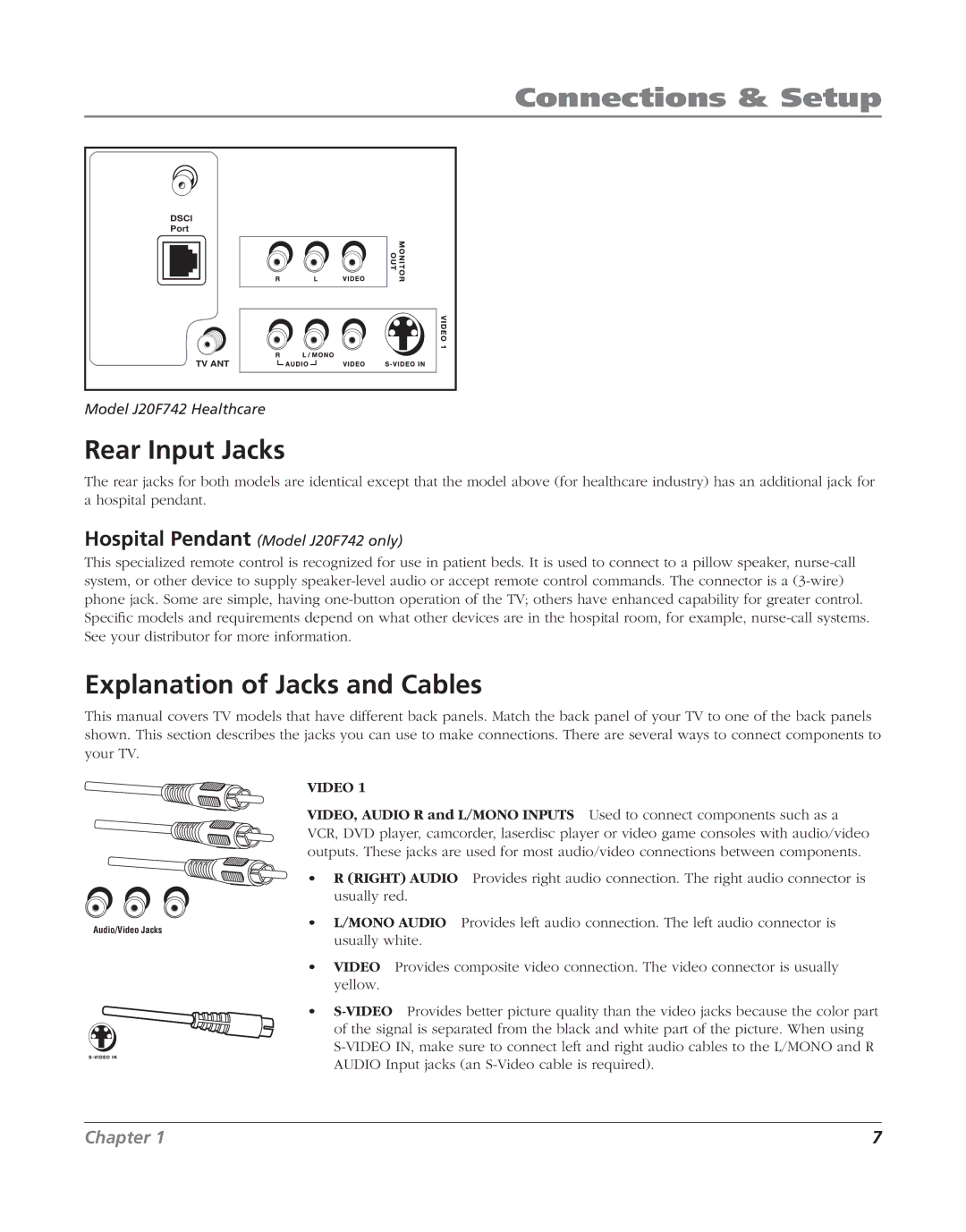 RCA J20F635 manual Rear Input Jacks, Explanation of Jacks and Cables 