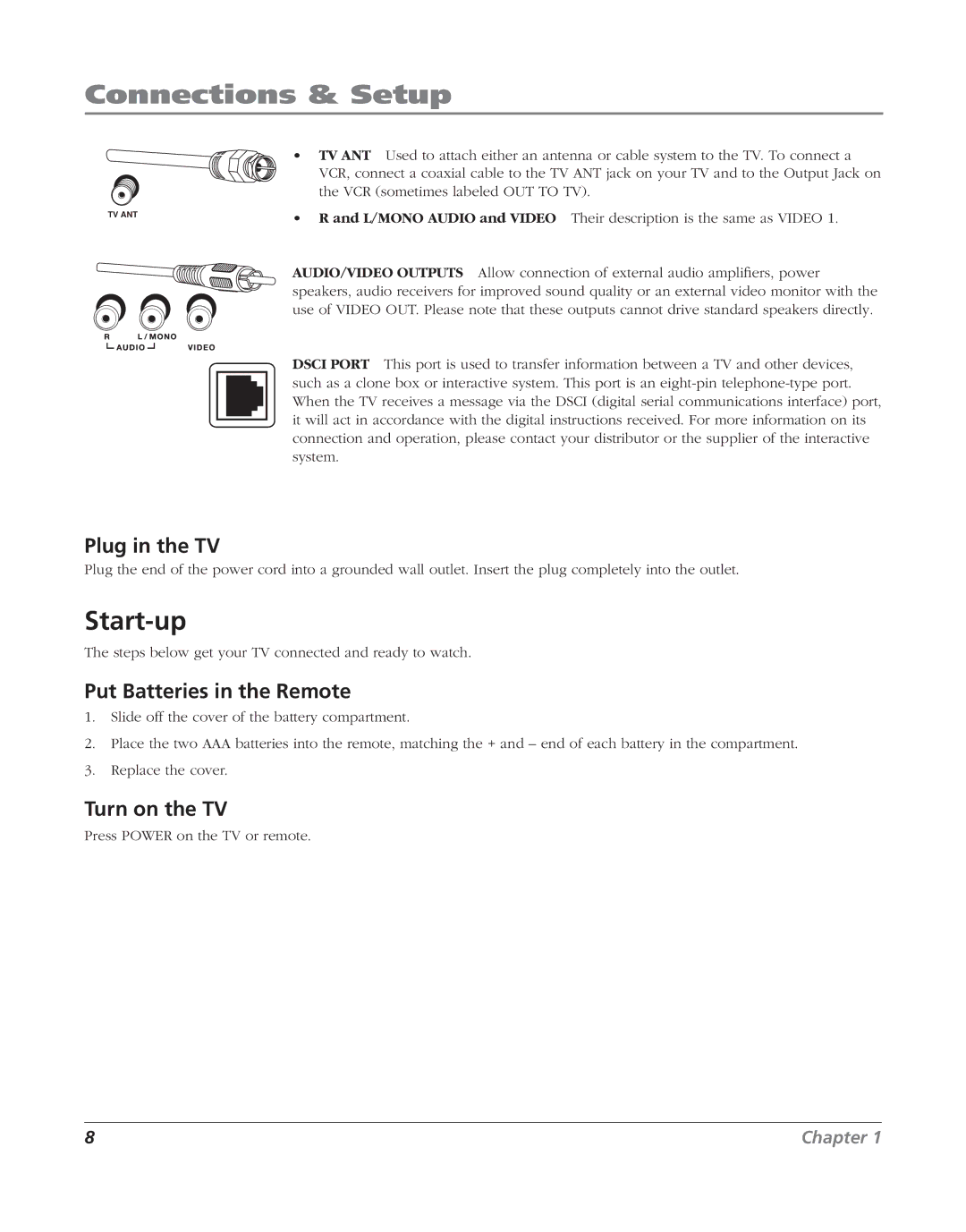 RCA J20F635 manual Start-up, Plug in the TV, Put Batteries in the Remote, Turn on the TV 