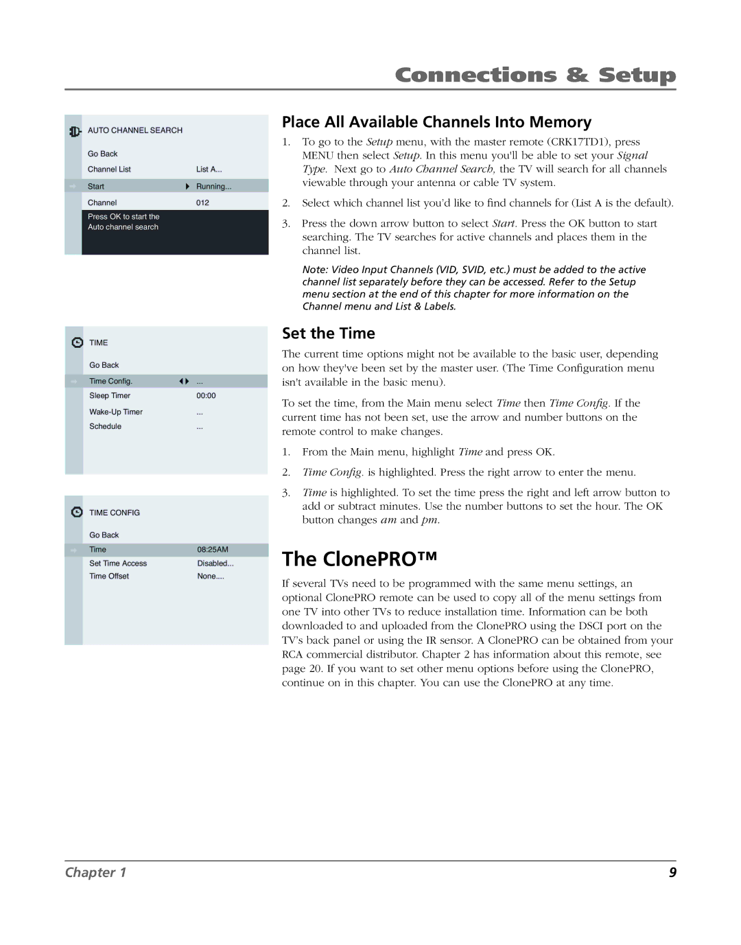 RCA J20F635 manual ClonePRO, Place All Available Channels Into Memory, Set the Time 