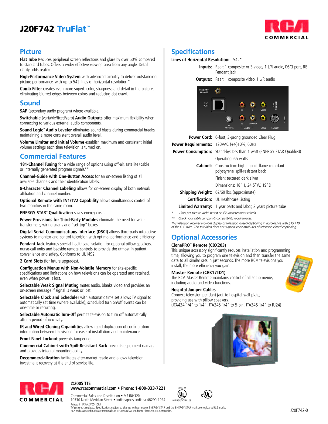 RCA J20F742 manual Picture, Sound, Commercial Features, Specifications, Optional Accessories 