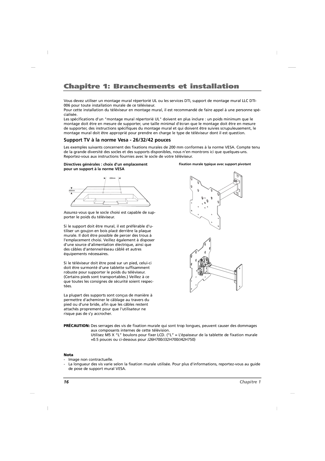 RCA J22H760 manual Support TV à la norme Vesa 26/32/42 pouces, Directives générales choix d’un emplacement 