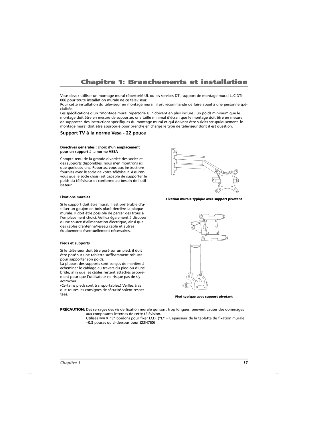 RCA J22H760 manual Support TV à la norme Vesa 22 pouce, Fixations murales, Pieds et supports 