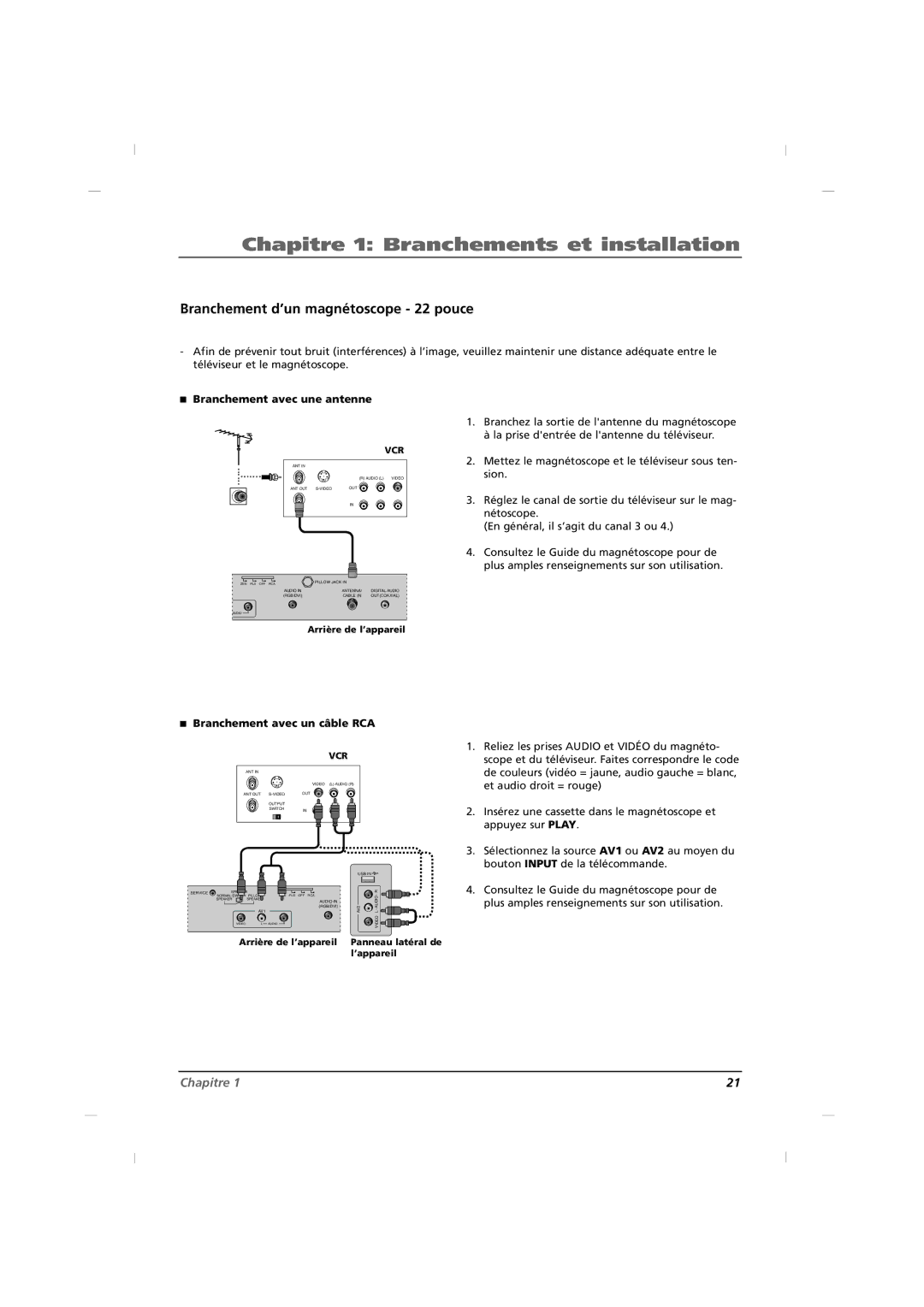 RCA J22H760 manual Branchement d’un magnétoscope 22 pouce, Arrière de l’appareil Panneau latéral de l’appareil 