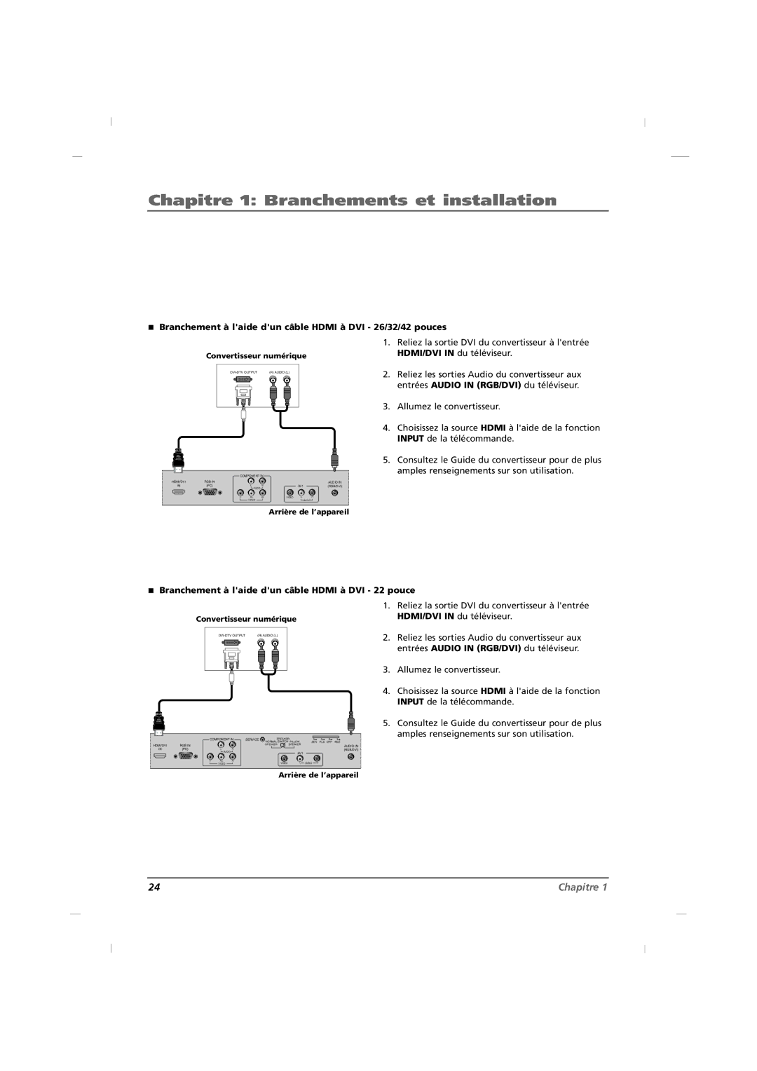 RCA J22H760 Branchement à laide dun câble Hdmi à DVI 26/32/42 pouces, Branchement à laide dun câble Hdmi à DVI 22 pouce 