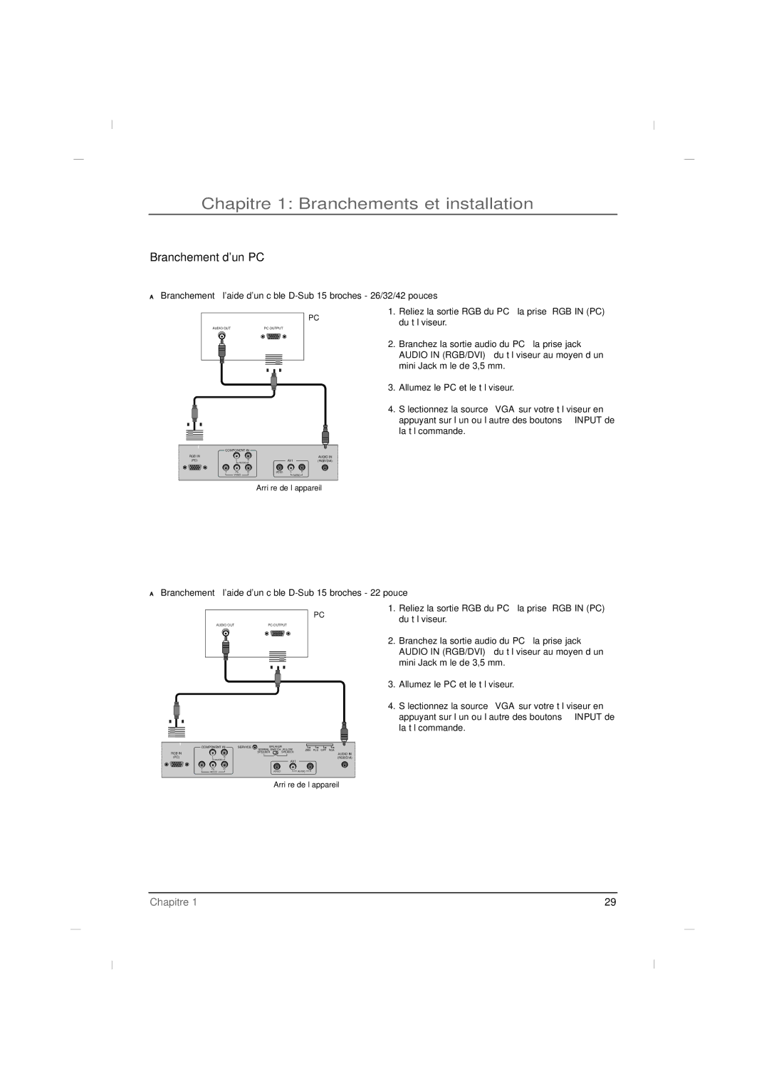 RCA J22H760 manual Branchement dun PC, Branchement à laide dun câble D-Sub 15 broches 22 pouce 