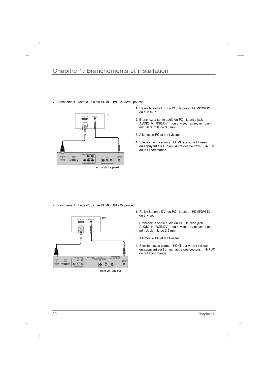 RCA J22H760 manual Branchement à laide dun câble Hdmi à DVI 26/32/42 pouces 