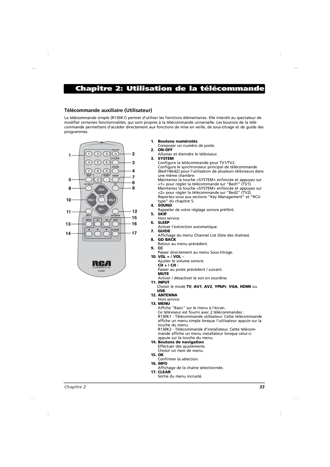 RCA J22H760 manual Chapitre 2 Utilisation de la télécommande, Télécommande auxiliaire Utilisateur 