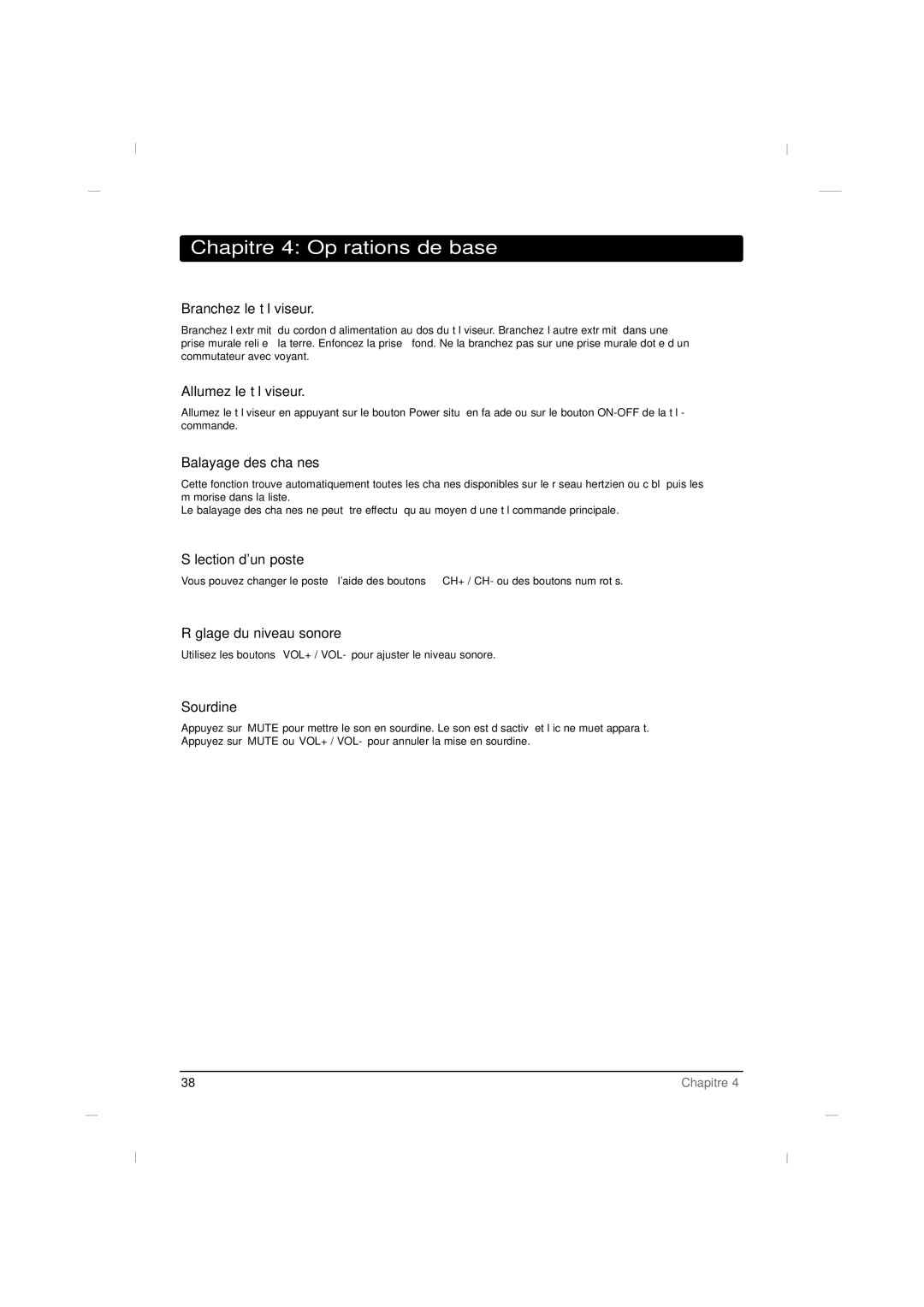 RCA J22H760 manual Chapitre 4 Opérations de base 