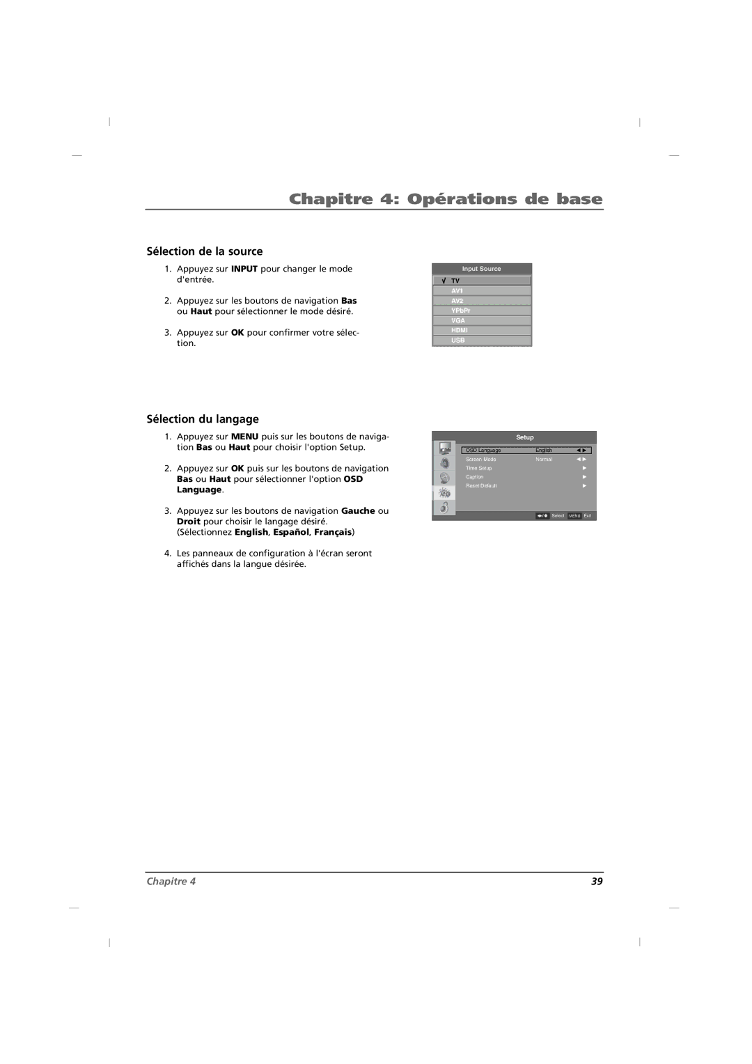 RCA J22H760 manual Chapitre 4 Opérations de base, Sélection de la source, Sélection du langage 