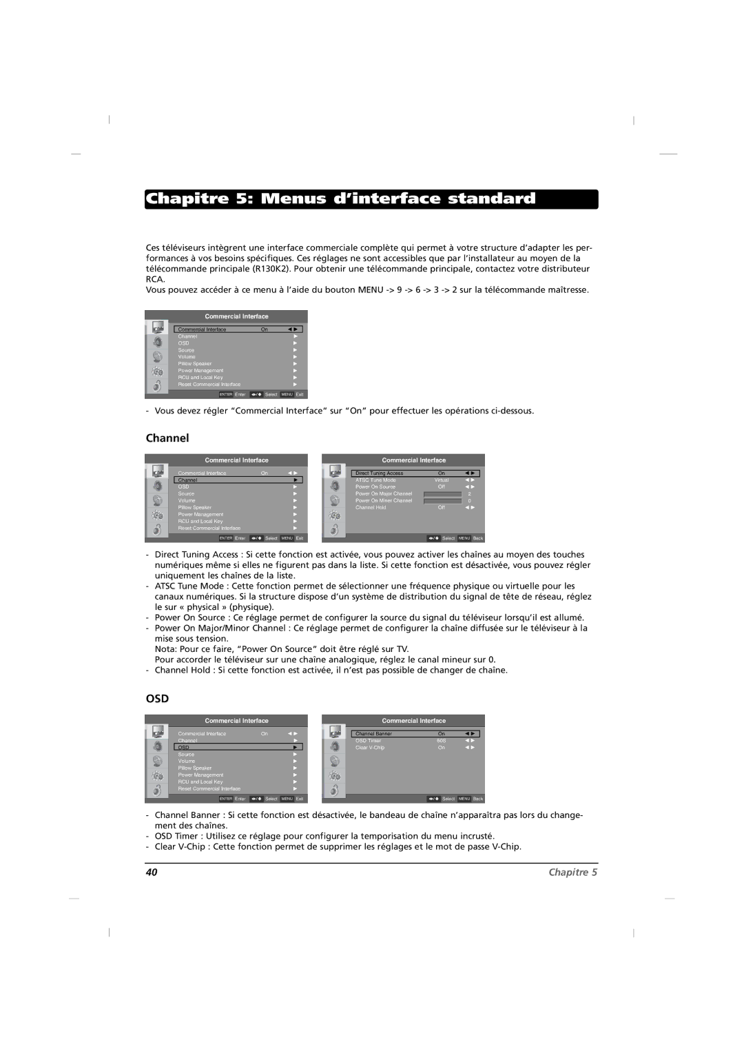 RCA J22H760 manual Chapitre 5 Menus d’interface standard, Channel 