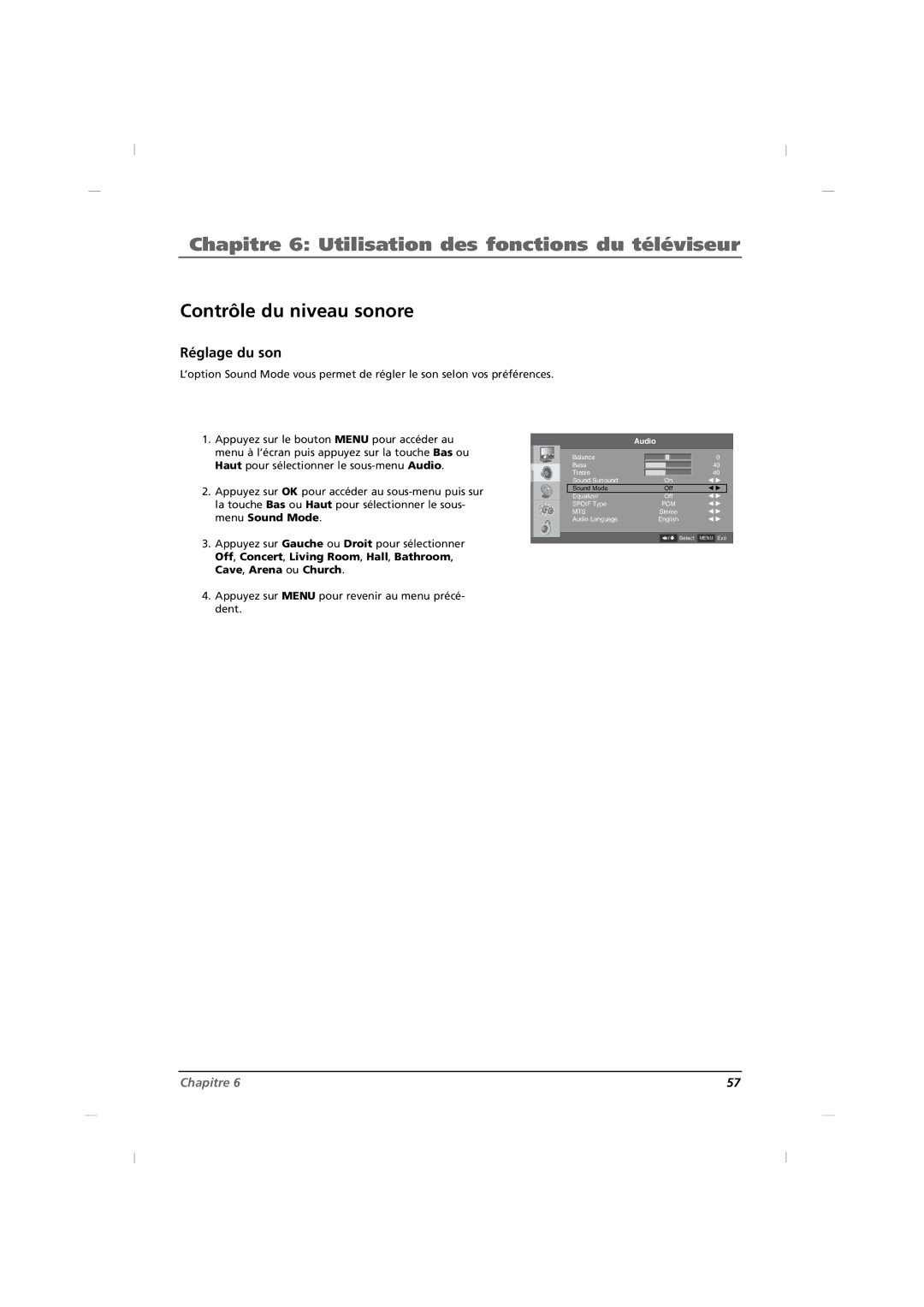 RCA J22H760 manual Contrôle du niveau sonore, Réglage du son 