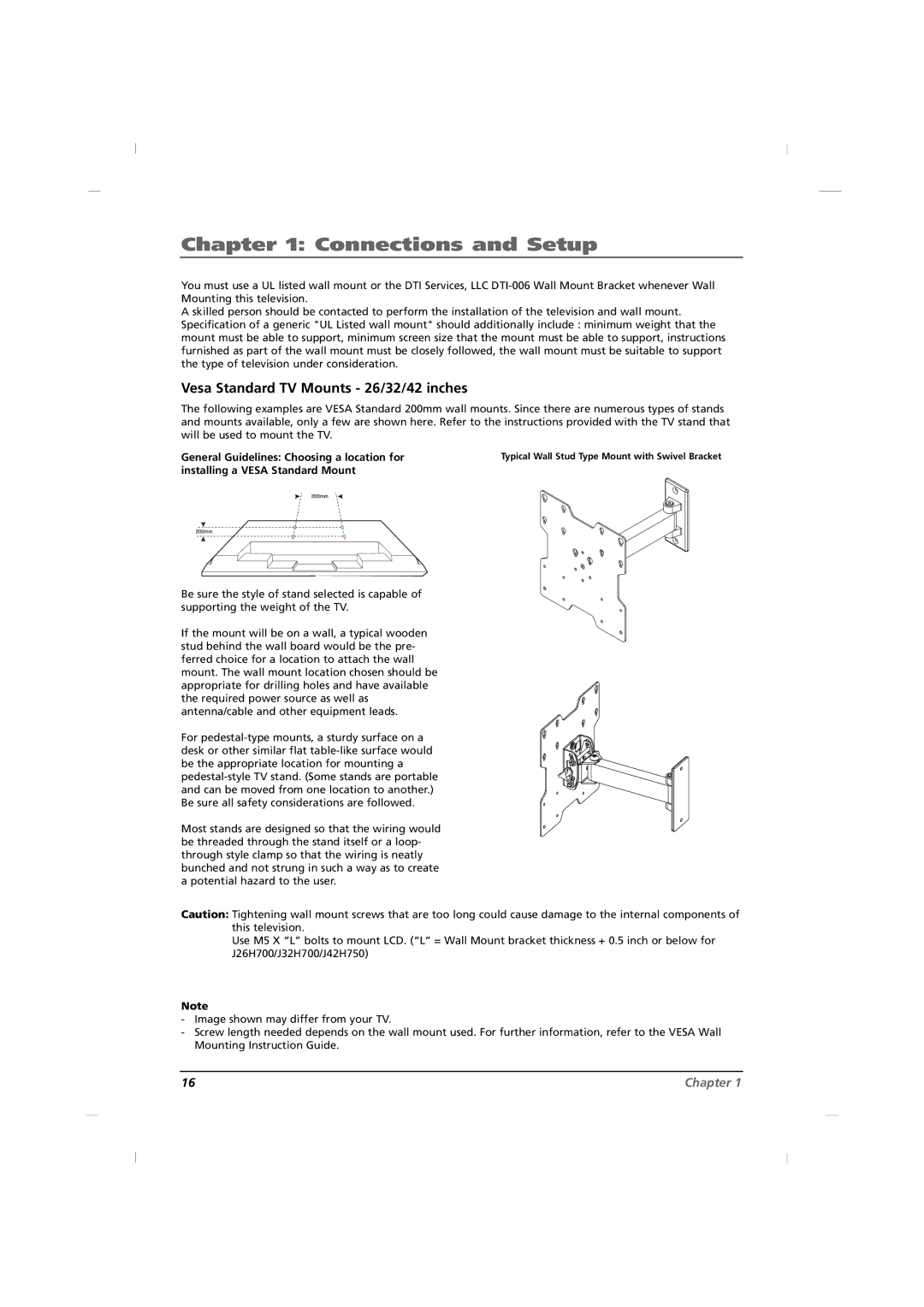 RCA J22H760 manual Vesa Standard TV Mounts 26/32/42 inches, General Guidelines Choosing a location for 