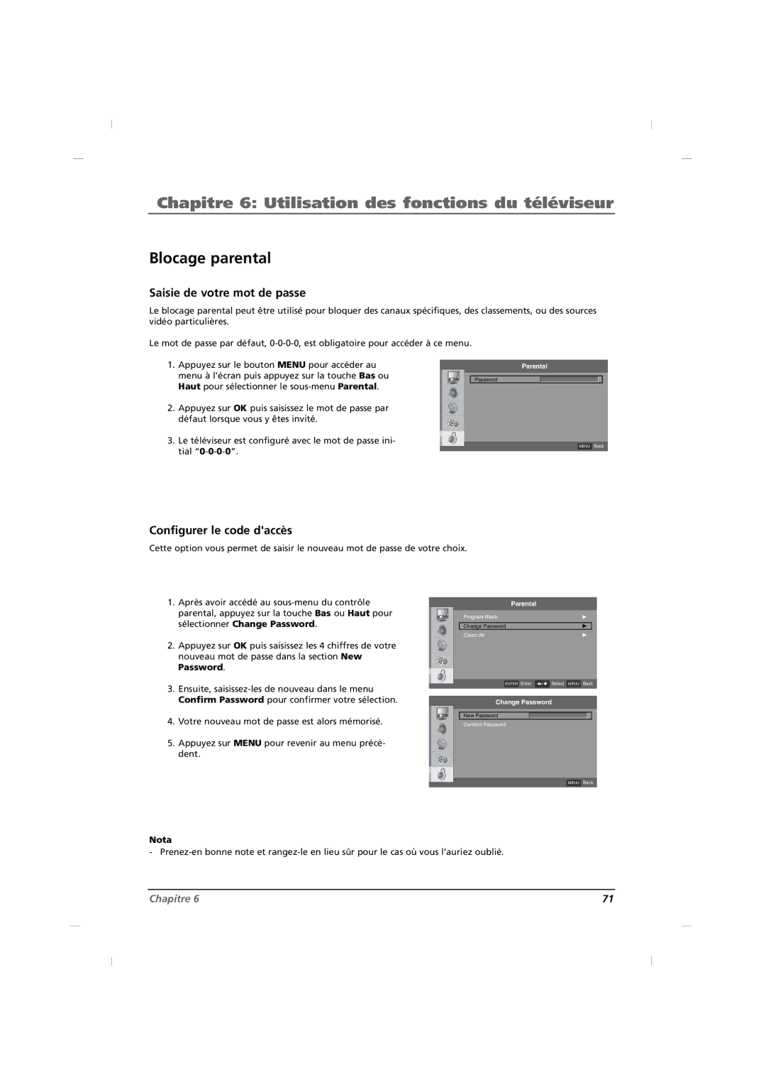 RCA J22H760 manual Blocage parental, Saisie de votre mot de passe, Configurer le code daccès 