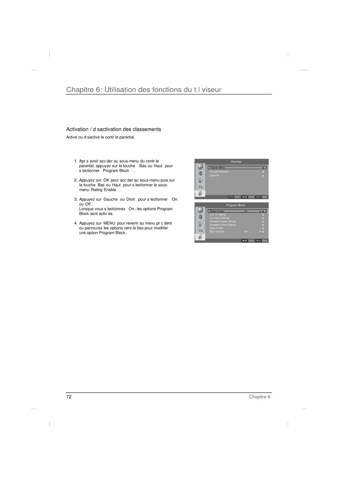 RCA J22H760 manual Activation / désactivation des classements 