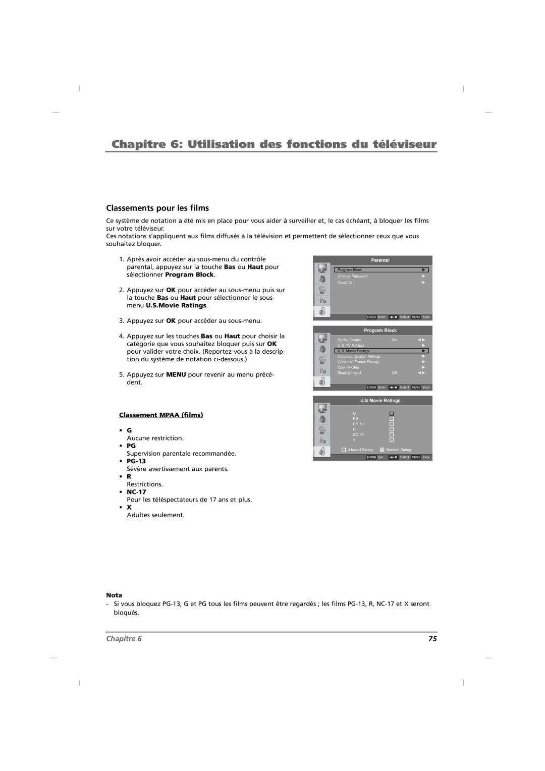 RCA J22H760 manual Classements pour les films, Classement Mpaa films, Restrictions NC-17 