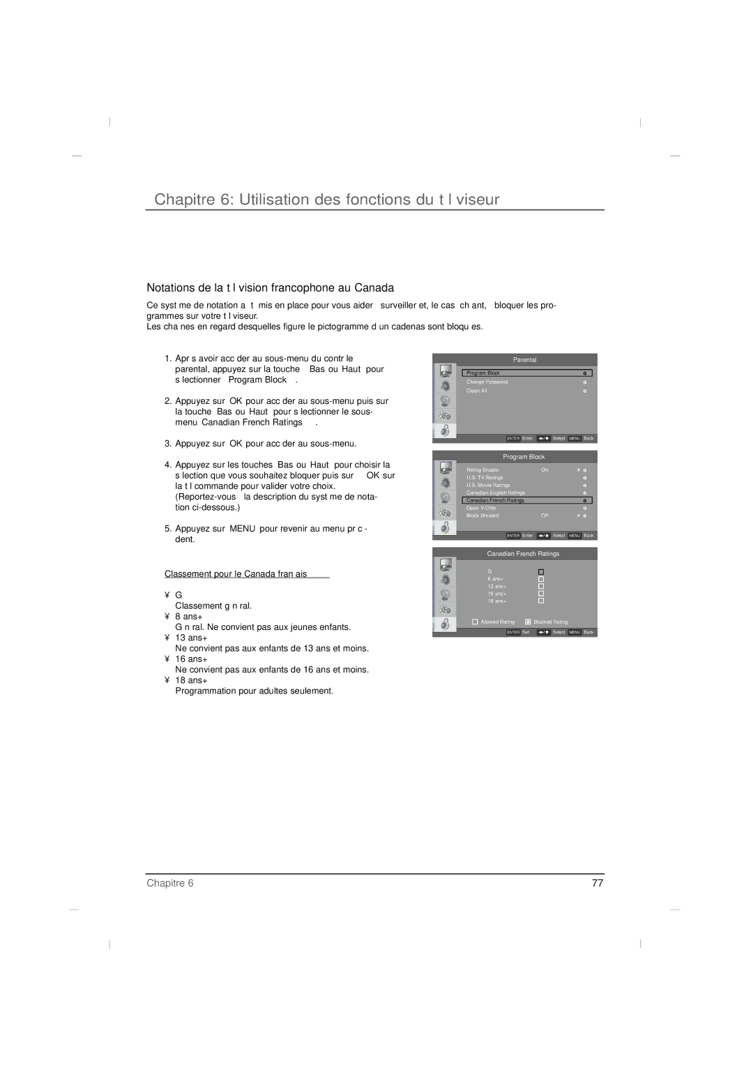 RCA J22H760 manual Notations de la télévision francophone au Canada, Classement pour le Canada français 