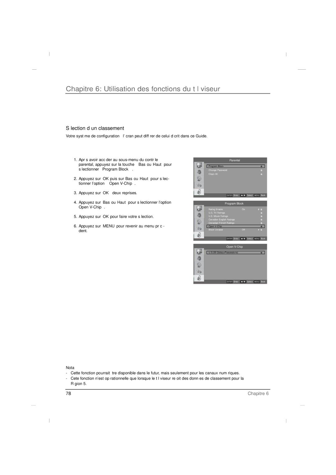 RCA J22H760 manual Sélection d’un classement, Nota 