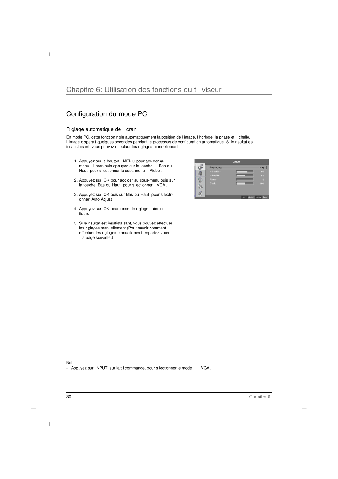 RCA J22H760 manual Configuration du mode PC, Réglage automatique de l’écran 