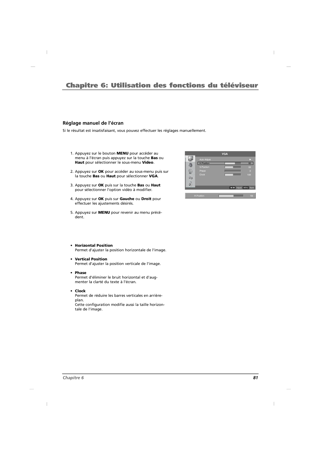 RCA J22H760 manual Réglage manuel de l’écran, Horizontal Position 