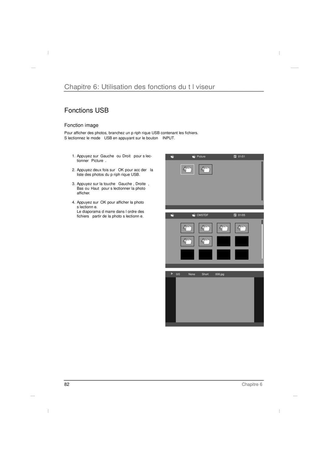 RCA J22H760 manual Fonctions USB, Fonction image 