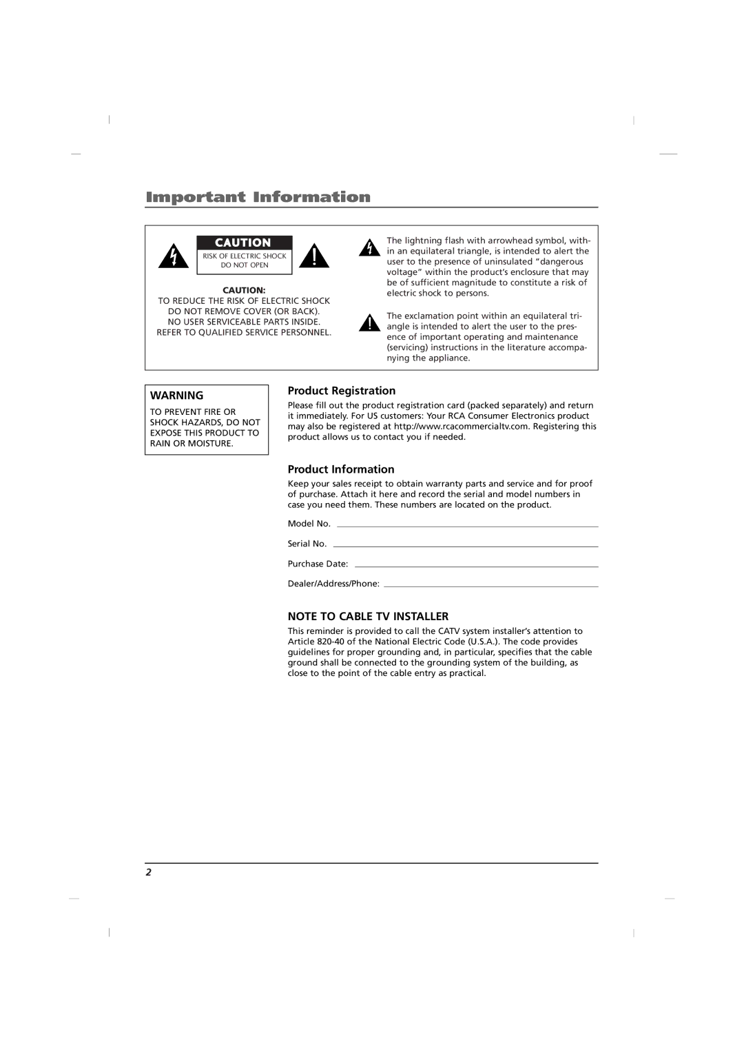 RCA J22H760 manual Important Information, Product Registration Product Information 