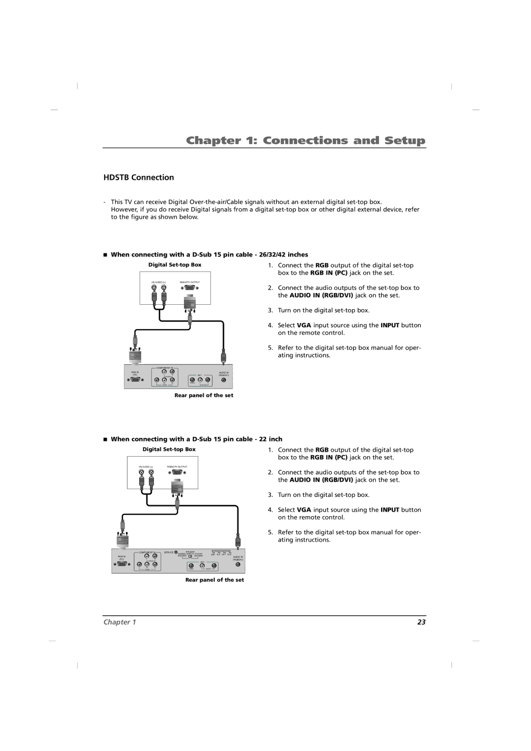 RCA J22H760 manual Hdstb Connection, When connecting with a D-Sub 15 pin cable 26/32/42 inches 