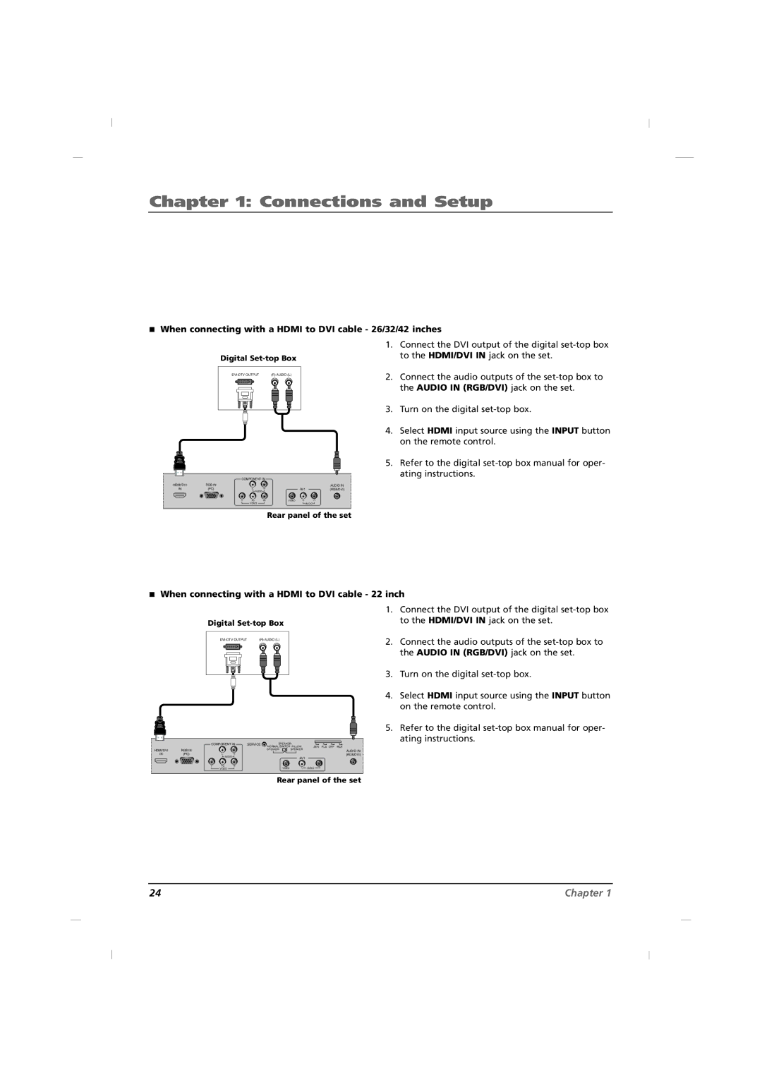 RCA J22H760 When connecting with a Hdmi to DVI cable 26/32/42 inches, When connecting with a Hdmi to DVI cable 22 inch 