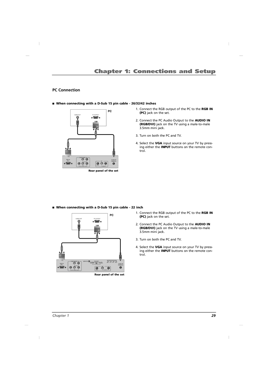 RCA J22H760 manual PC Connection, When connecting with a D-Sub 15 pin cable 26/32/42 inches 