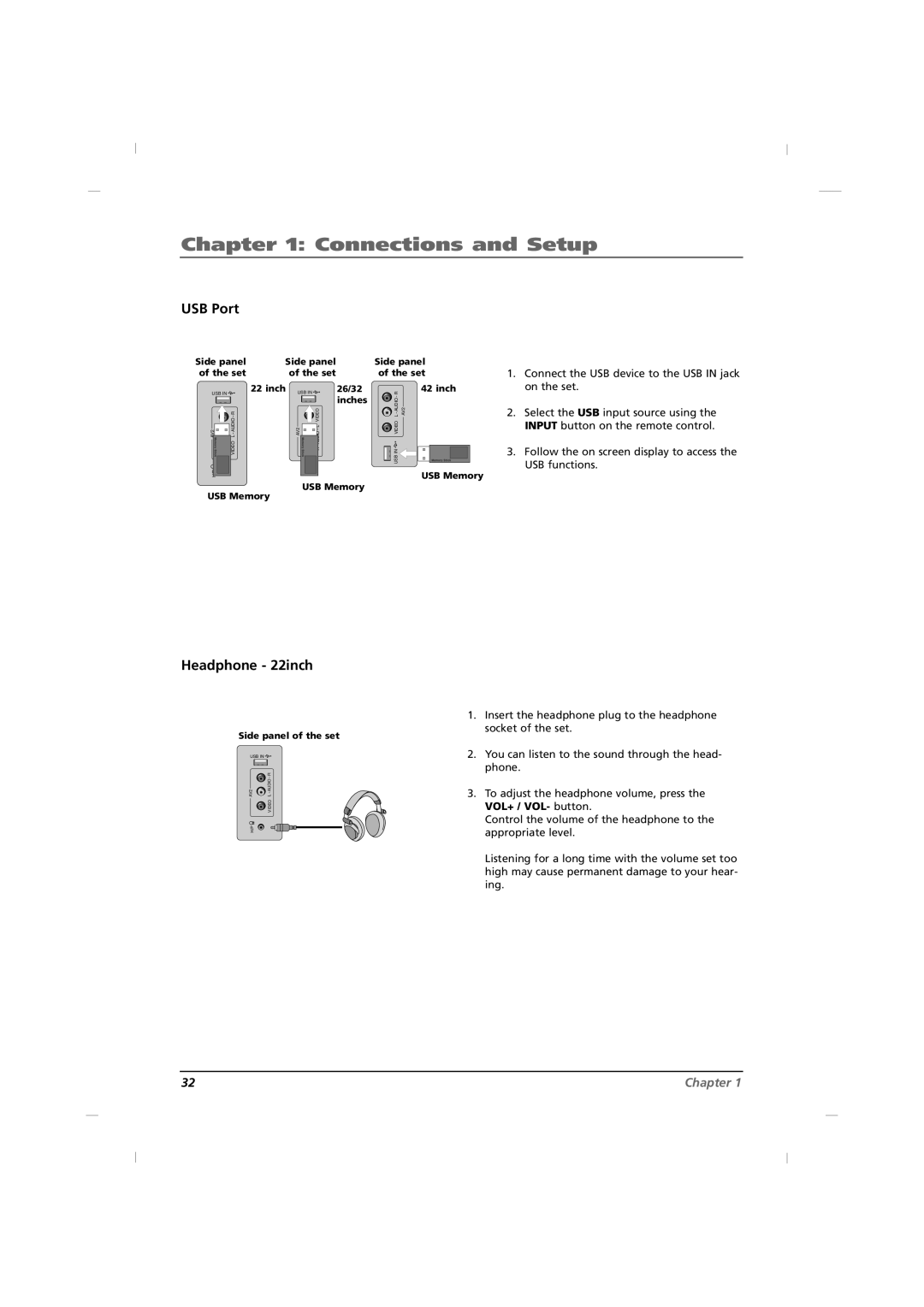 RCA J22H760 manual Headphone 22inch, To adjust the headphone volume, press the VOL+ / VOL- button 