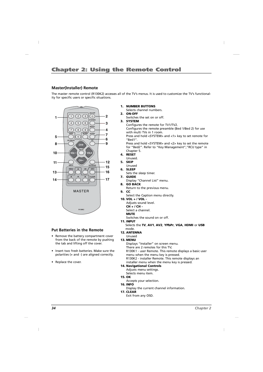 RCA J22H760 manual Using the Remote Control, MasterInstaller Remote, Put Batteries in the Remote, Reset Unused 12 5. Skip 