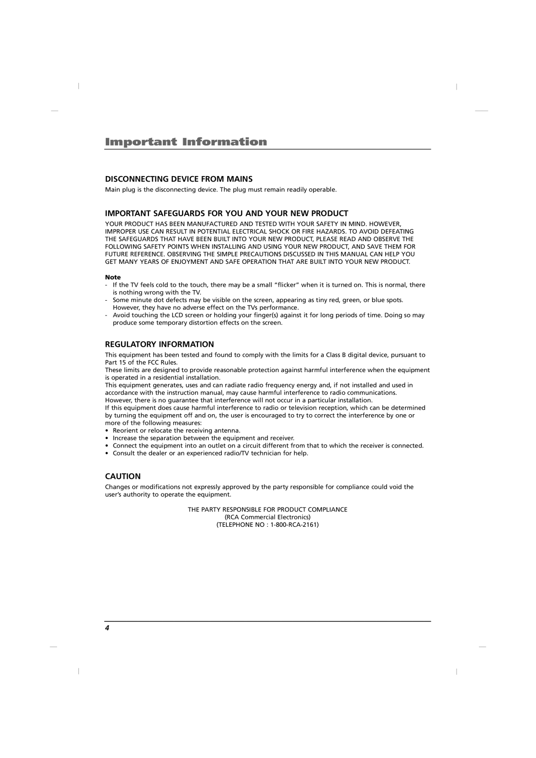 RCA J22H760 manual Disconnecting Device from Mains 