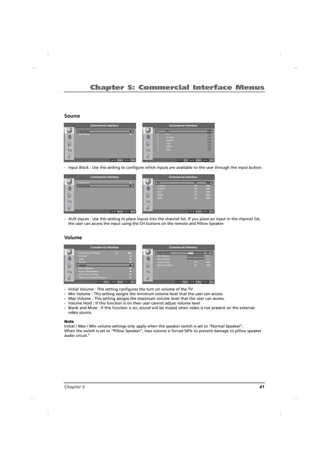 RCA J22H760 manual Commercial Interface Menus, Source, Volume 