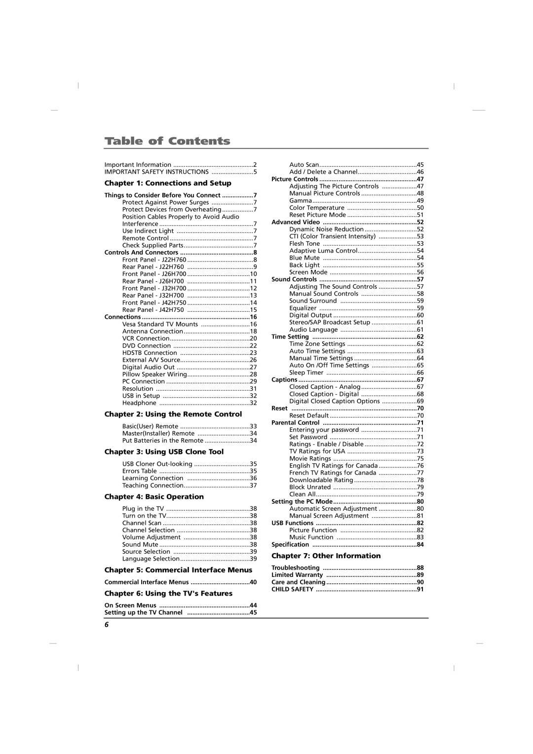 RCA J22H760 manual Table of Contents 