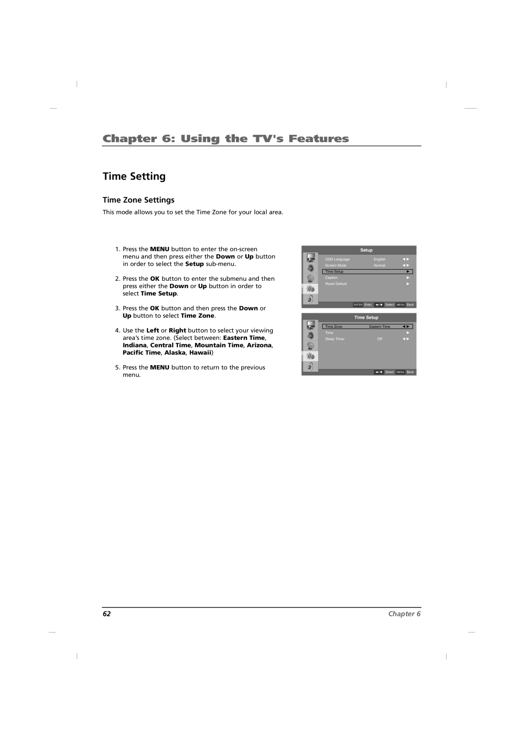 RCA J22H760 manual Time Setting, Time Zone Settings 