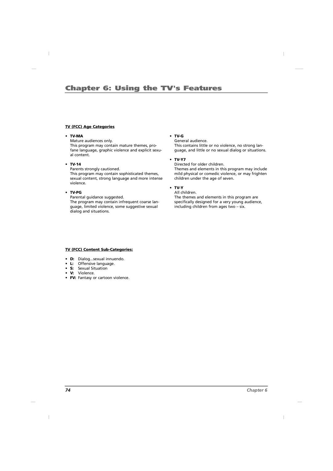 RCA J22H760 manual TV FCC Age Categories, TV-14, TV FCC Content Sub-Categories, Tv-G, TV-Y7, Tv-Y 