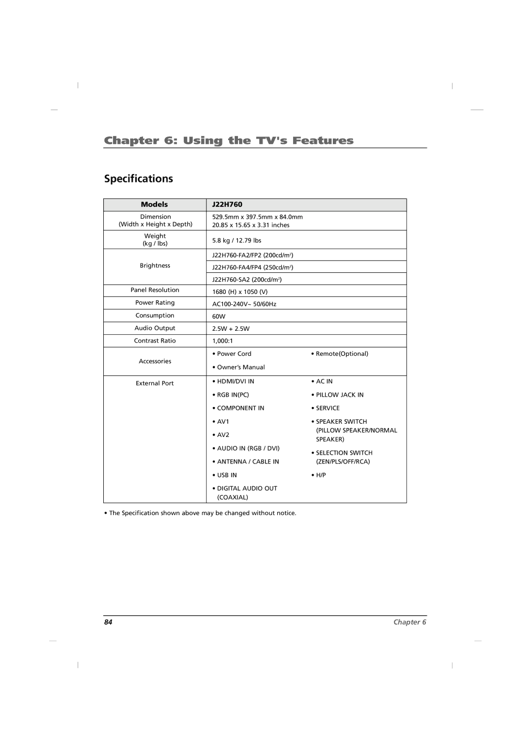 RCA manual Specifications, Models J22H760 