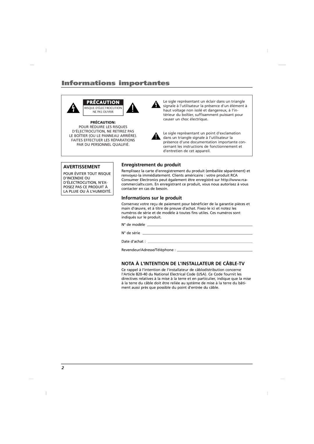 RCA J22H760 manual Informations importantes, Enregistrement du produit Informations sur le produit 