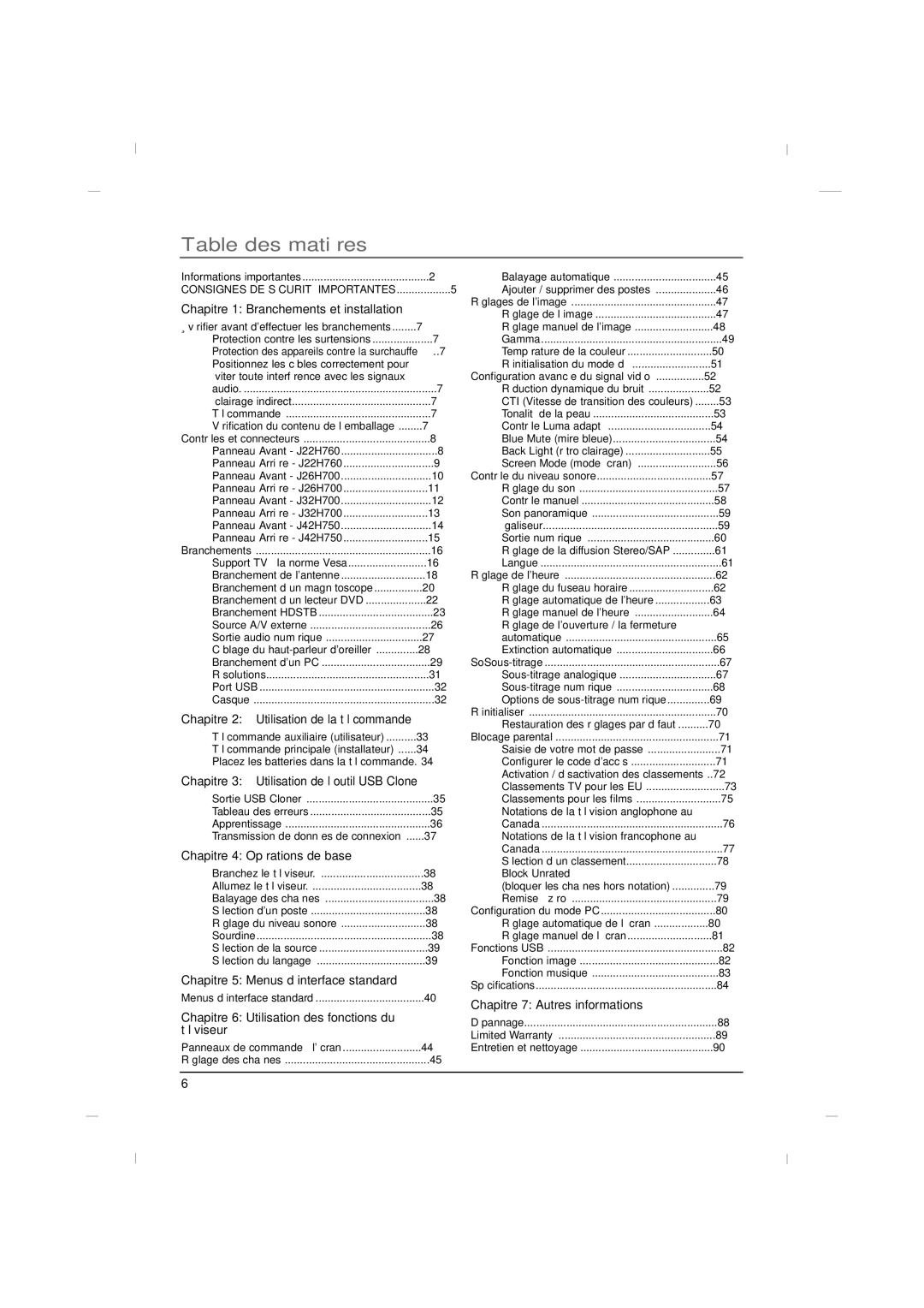 RCA J22H760 manual Table des matières, Chapitre 1 Branchements et installation 