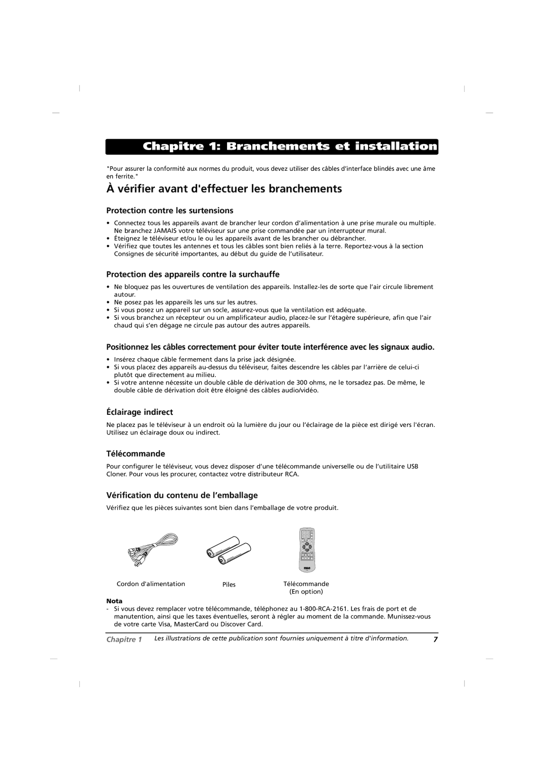 RCA J22H760 manual Chapitre 1 Branchements et installation, Vérifier avant deffectuer les branchements 