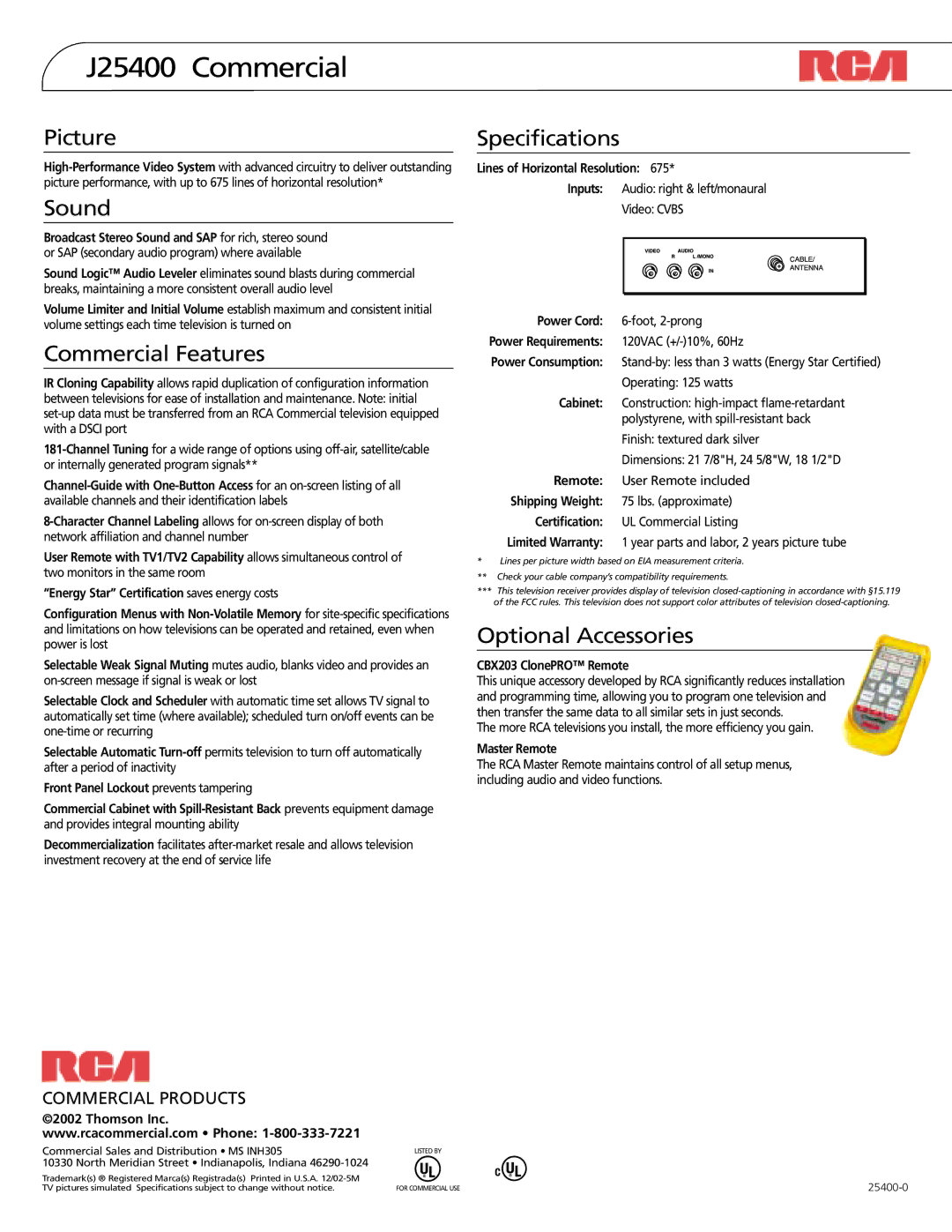 RCA J25400 manual Picture, Sound, Commercial Features, Specifications, Optional Accessories 