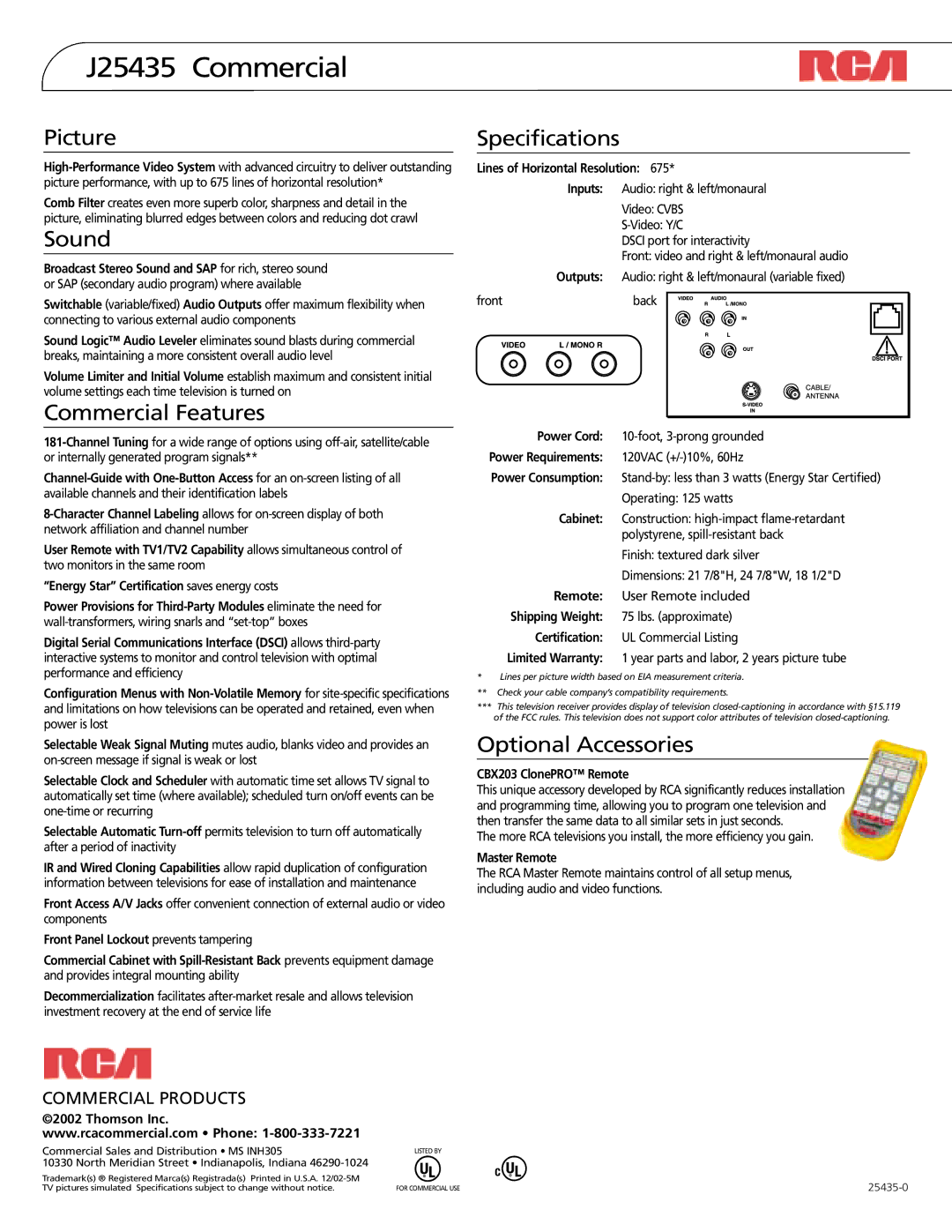 RCA J25435 manual Picture, Sound, Commercial Features, Specifications, Optional Accessories 