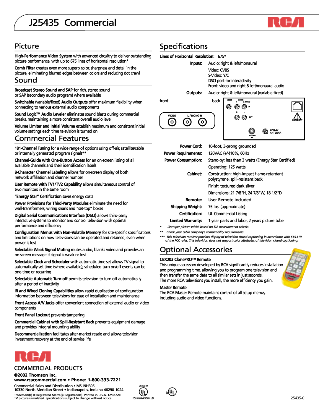 RCA J25435 Commercial, Picture, Sound, Commercial Features, Specifications, Optional Accessories, Commercial Products 