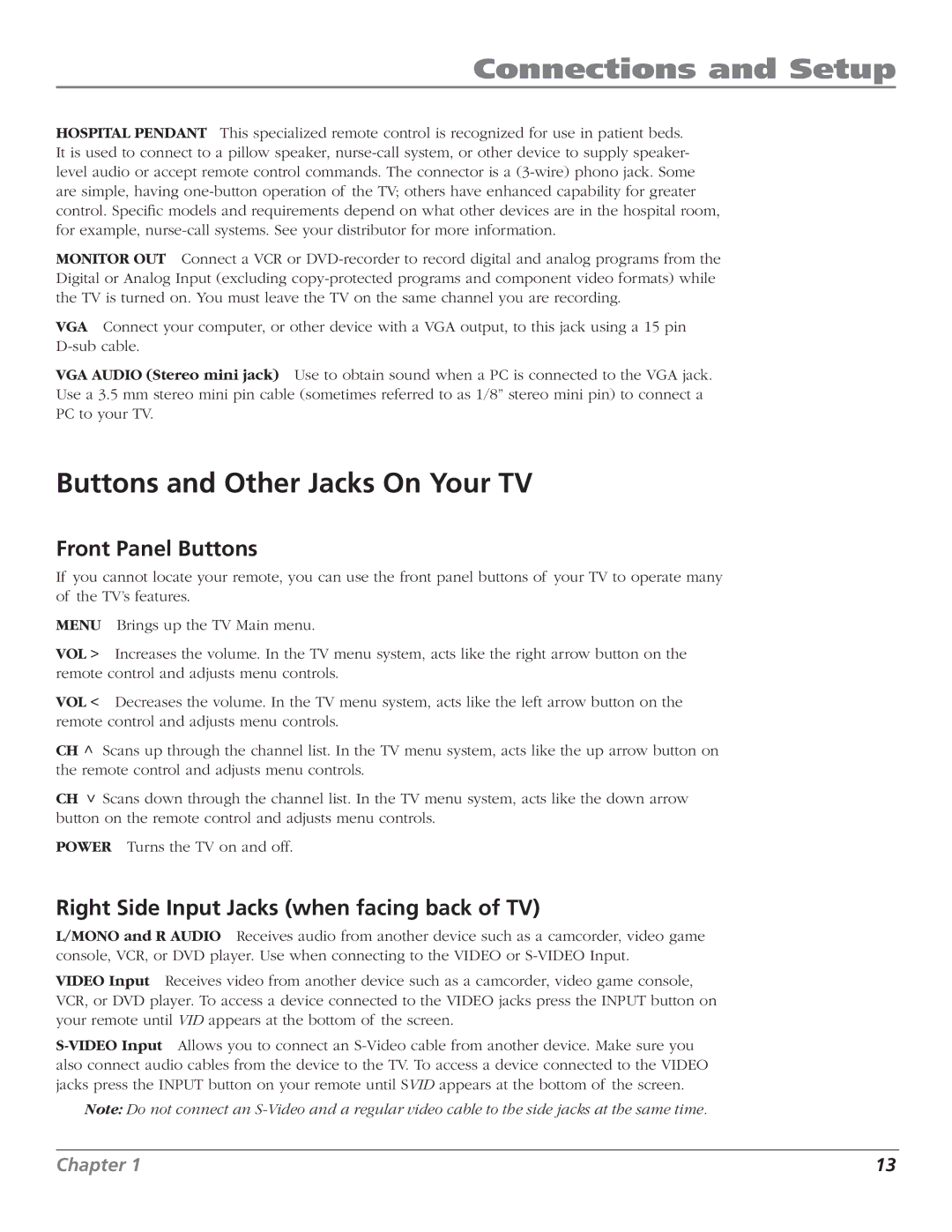 RCA J26L637L manual Buttons and Other Jacks On Your TV, Front Panel Buttons, Right Side Input Jacks when facing back of TV 