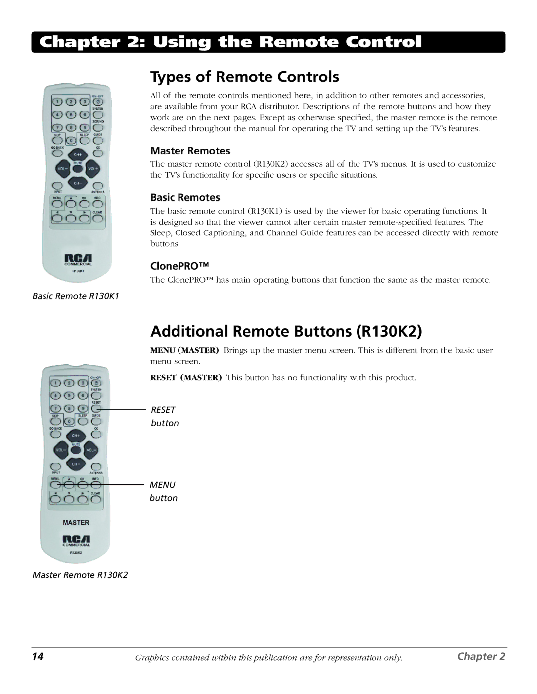 RCA J26L637L manual Types of Remote Controls, Additional Remote Buttons R130K2, Master Remotes, Basic Remotes, ClonePRO 