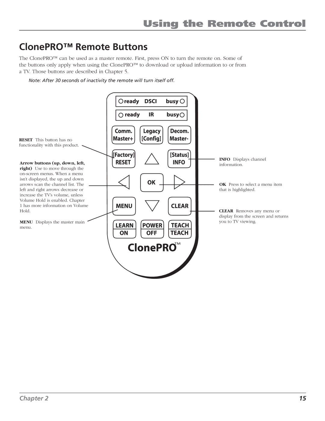 RCA J26L637L manual Using the Remote Control, ClonePRO Remote Buttons 