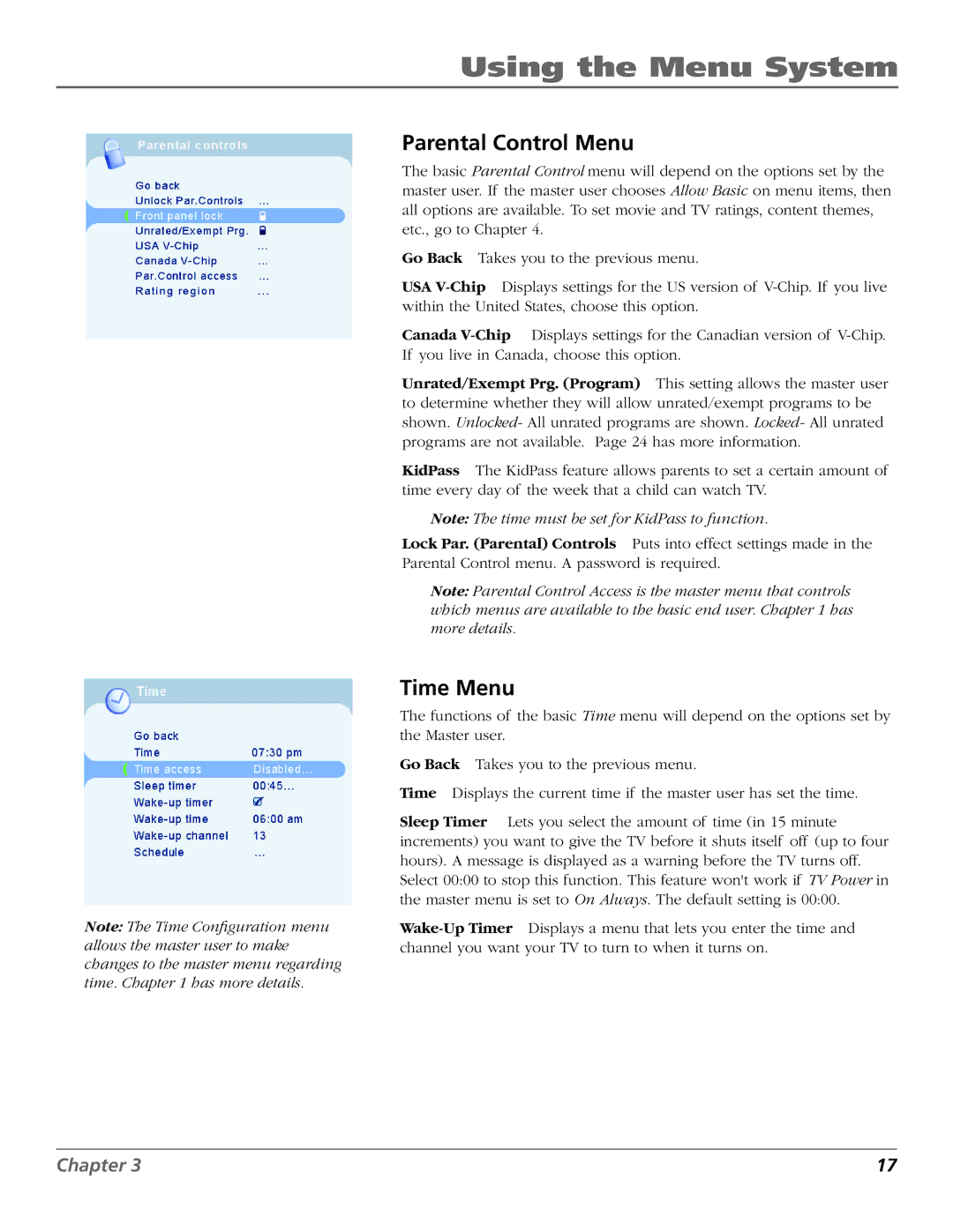 RCA J26L637L manual Using the Menu System, Parental Control Menu, Time Menu 