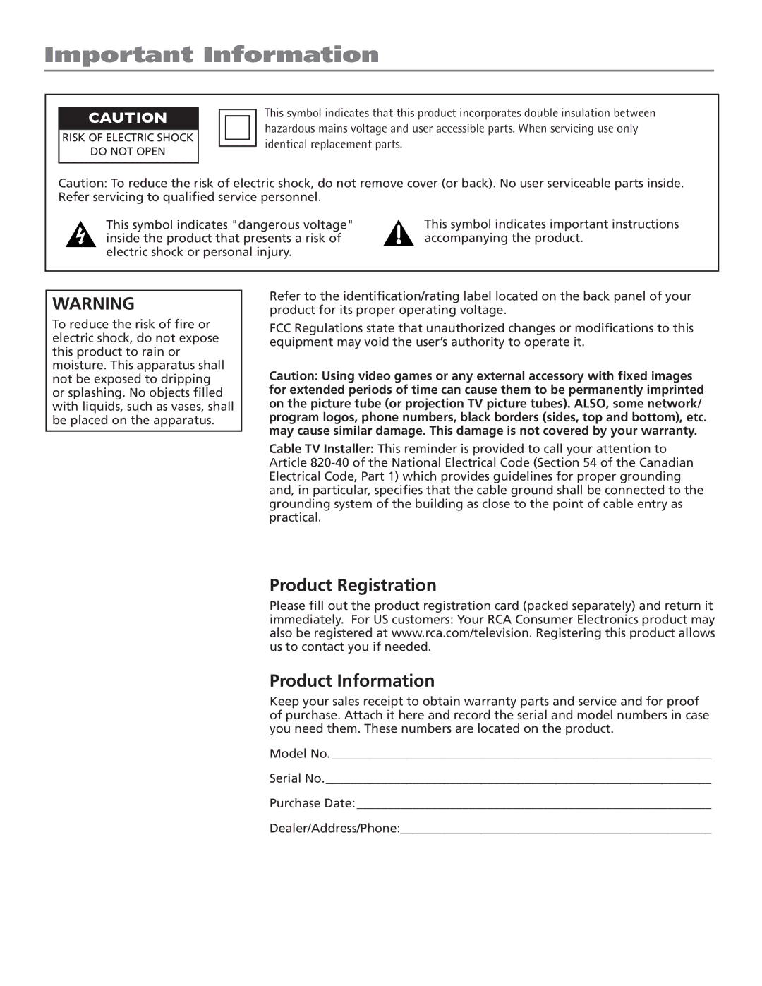 RCA J26L637L manual Important Information, Product Registration Product Information 