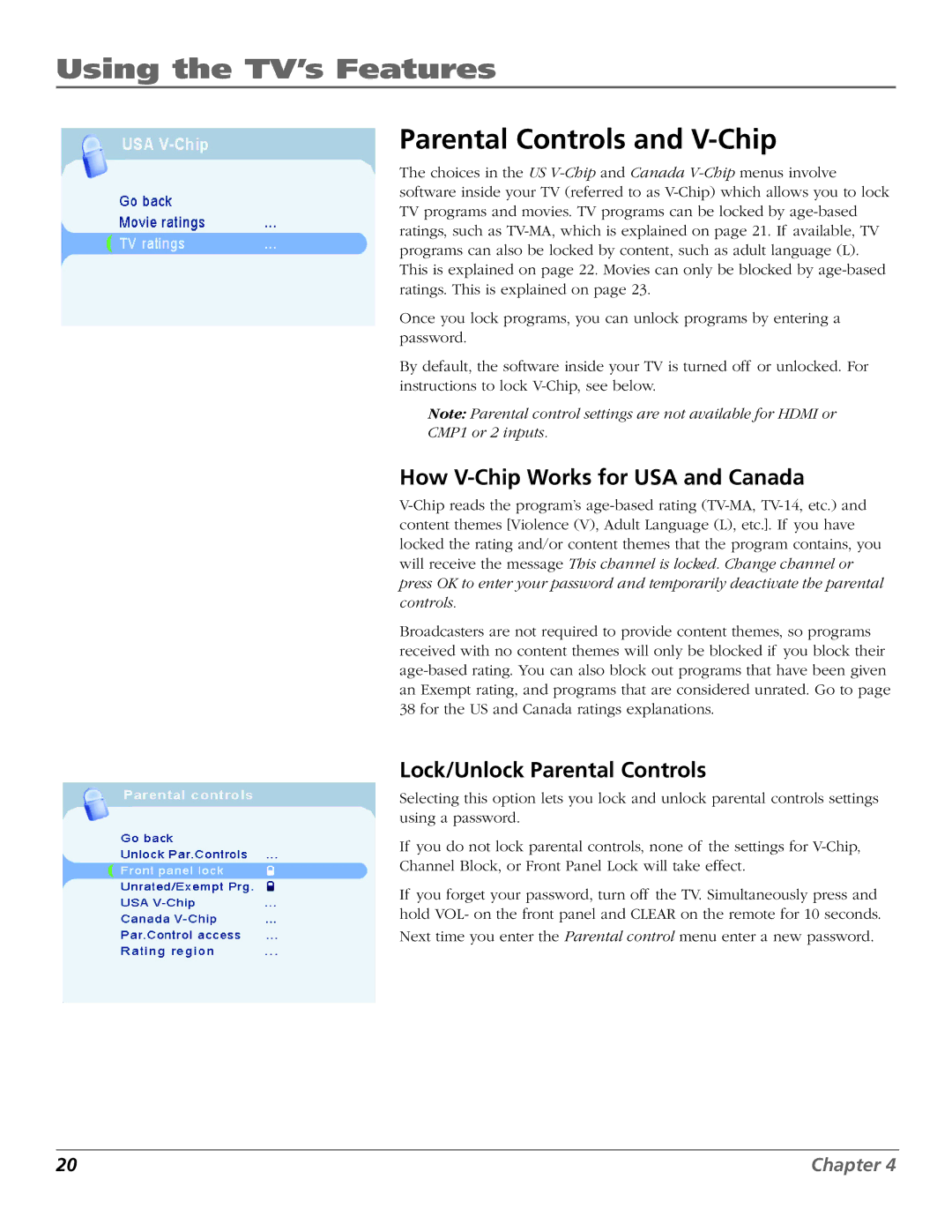 RCA J26L637L manual Using the TV’s Features, Parental Controls and V-Chip, How V-Chip Works for USA and Canada 