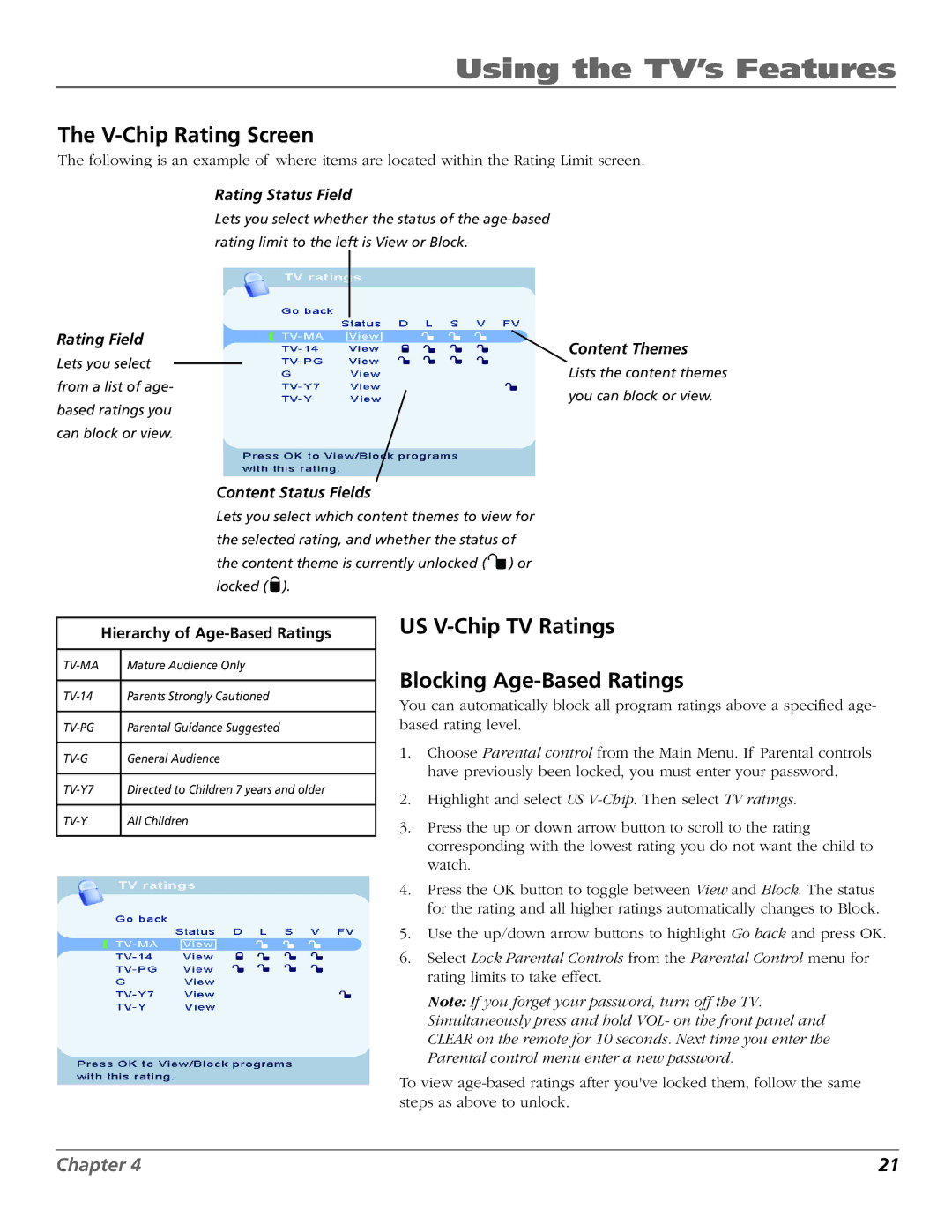 RCA J26L637L manual V-Chip Rating Screen, US V-Chip TV Ratings Blocking Age-Based Ratings 
