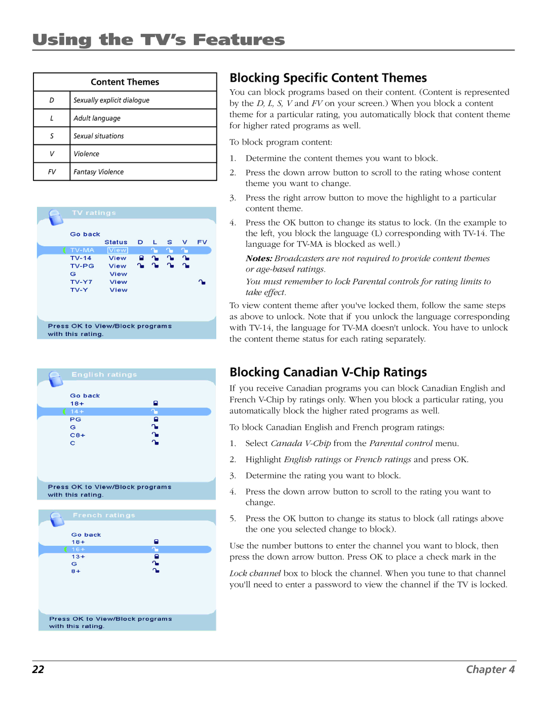 RCA J26L637L manual Blocking Speciﬁc Content Themes, Blocking Canadian V-Chip Ratings 